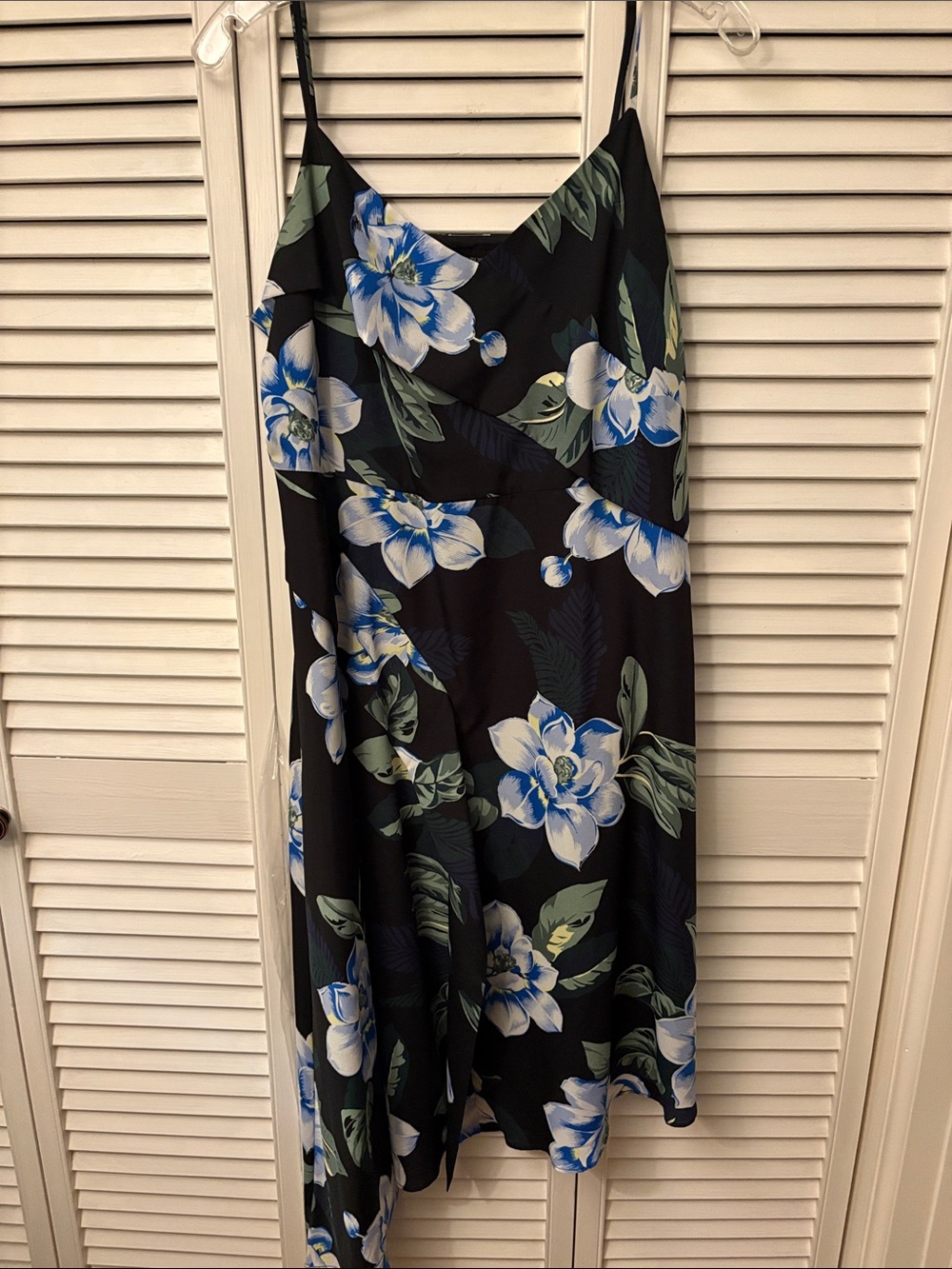 Banana Republic Black Asymmetrical Floral Slip Skirt with Blue & Green Blooms